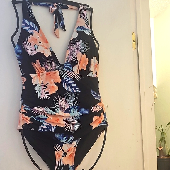 Orange and Black Bodysuit with Elegant Ruching